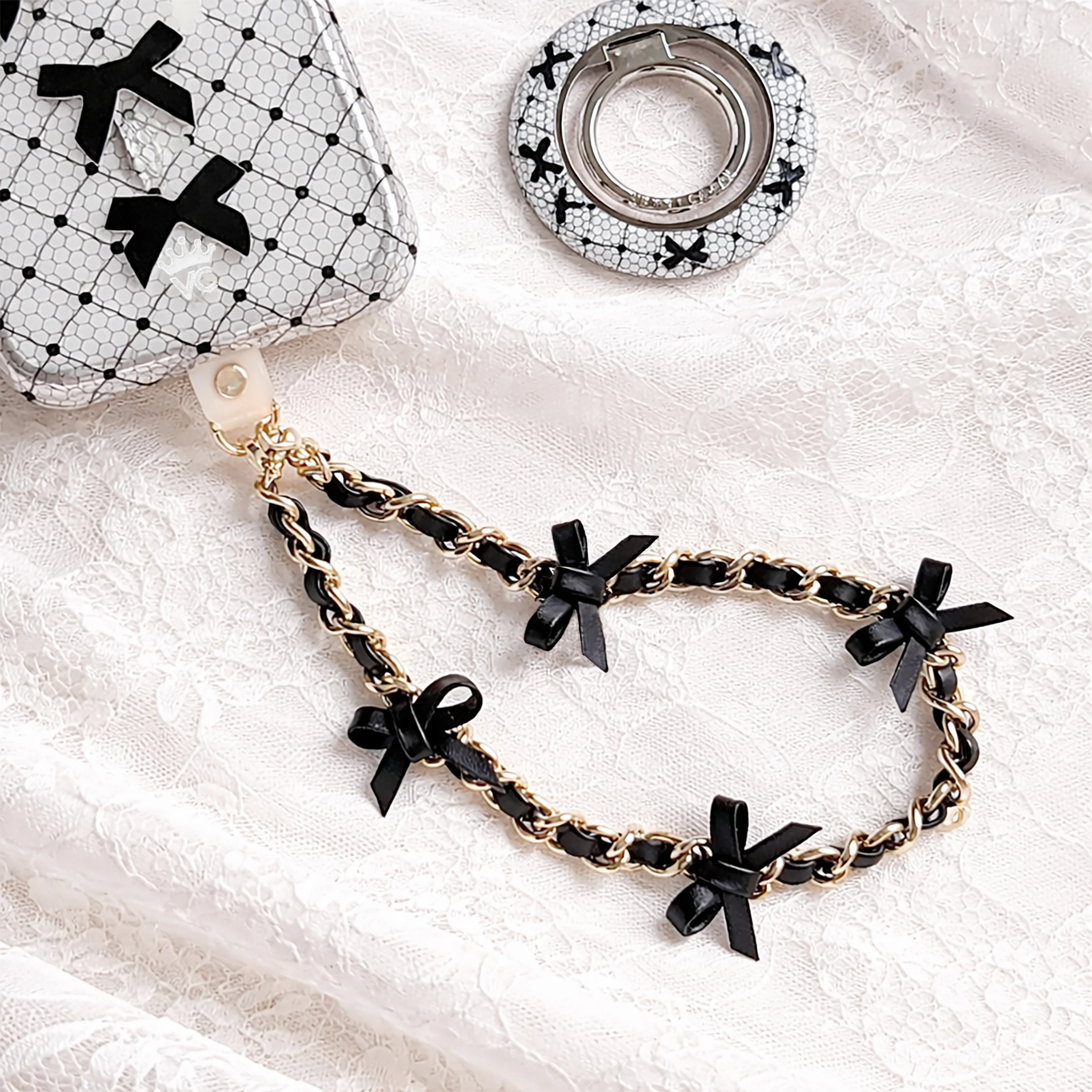 Black Bow Leather Chain Phone Charm - Image 5
