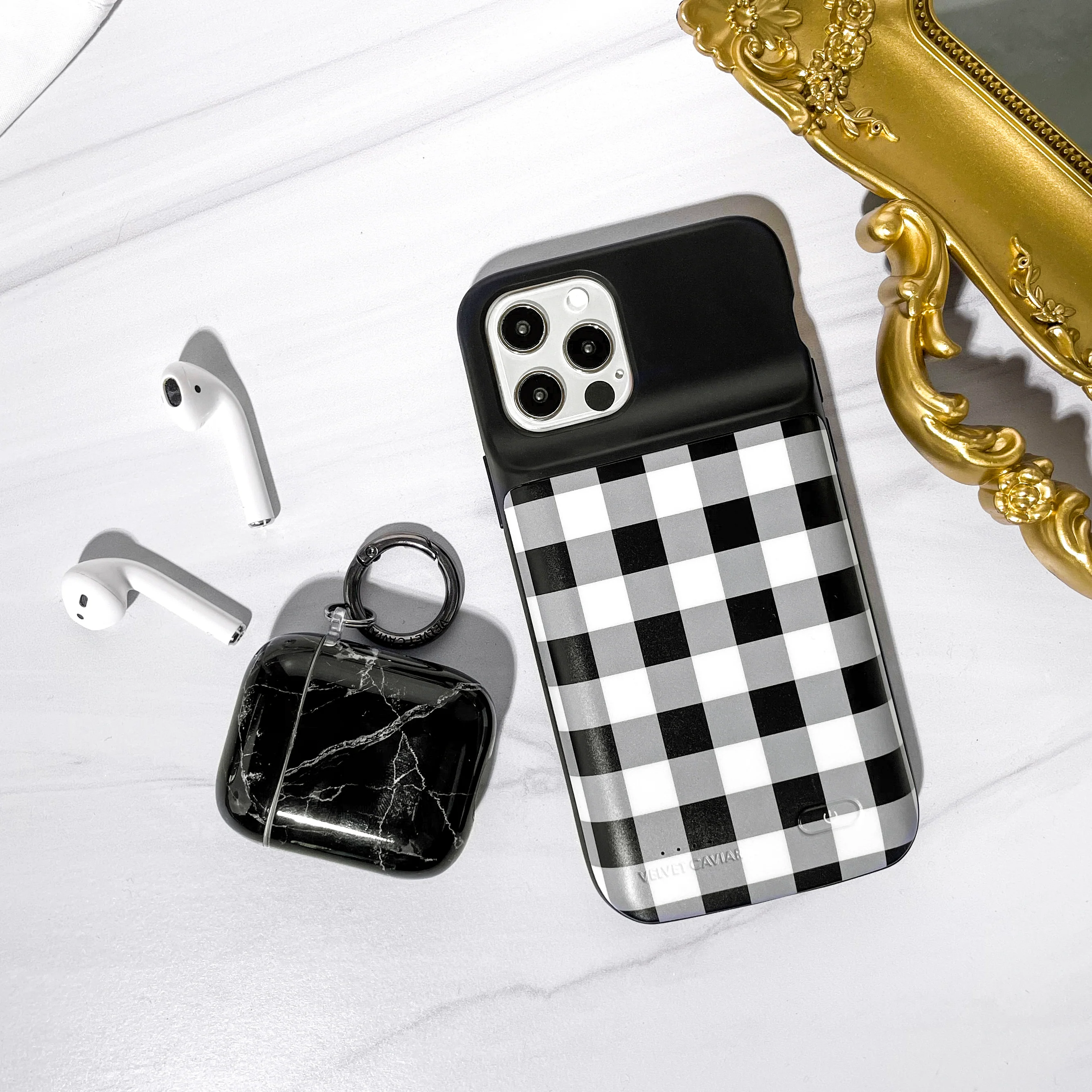 Black Gingham iPhone Charging Case - Image 65
