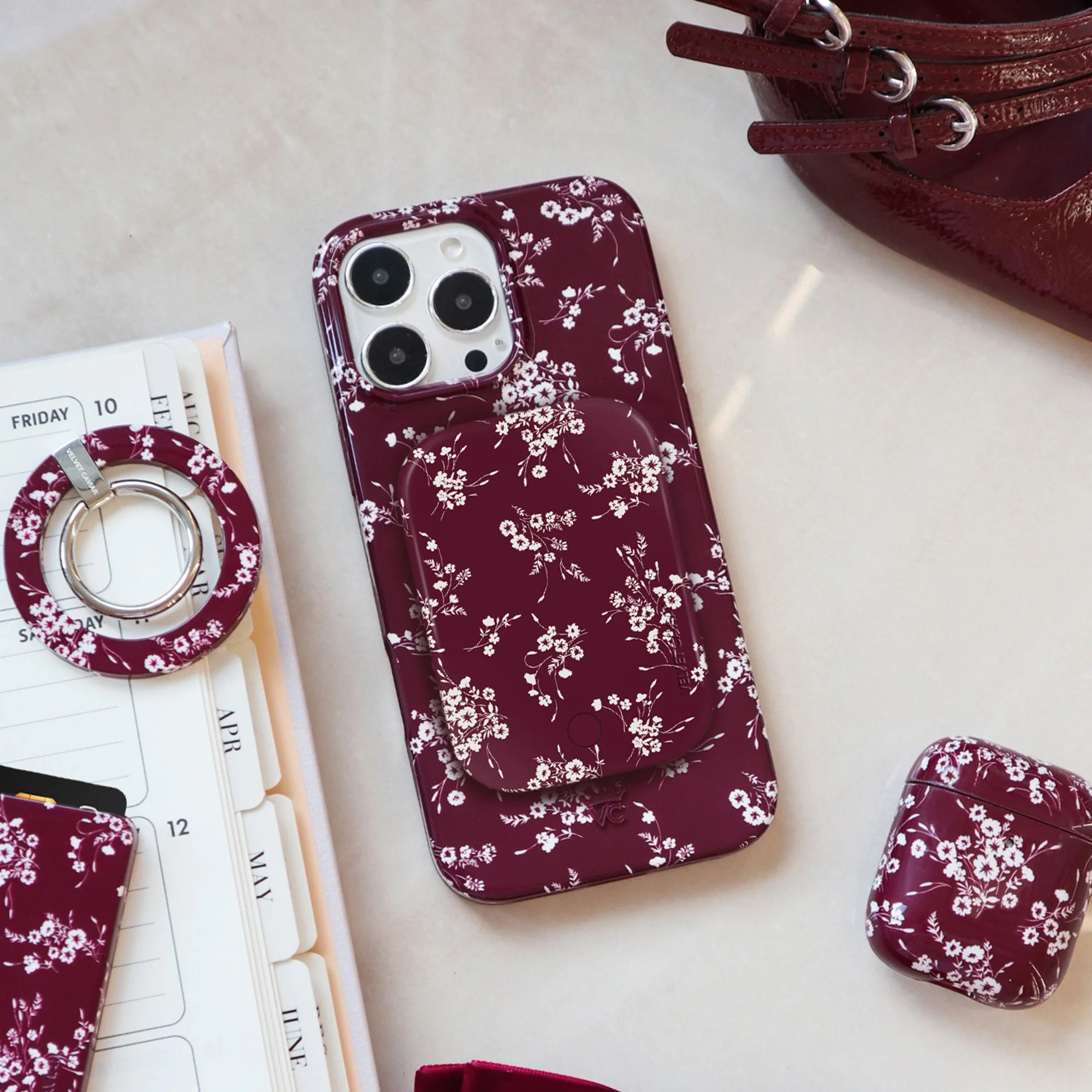 French Burgundy Floral MagSafe Battery Power Pack - Image 2