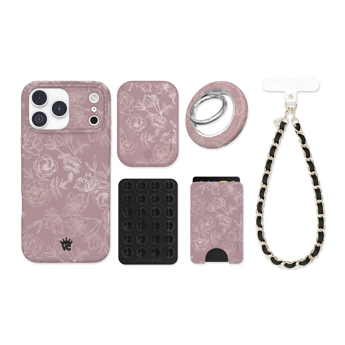 Dusty Rose Chrome Floral iPhone Bundle Set - Image 24