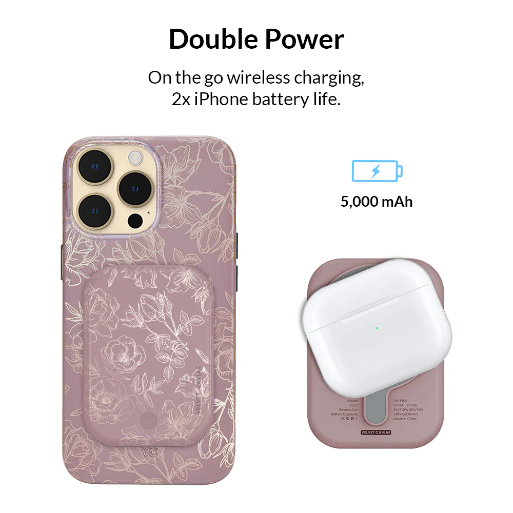 Dusty Rose Chrome Floral MagSafe Battery Power Pack - Image 3