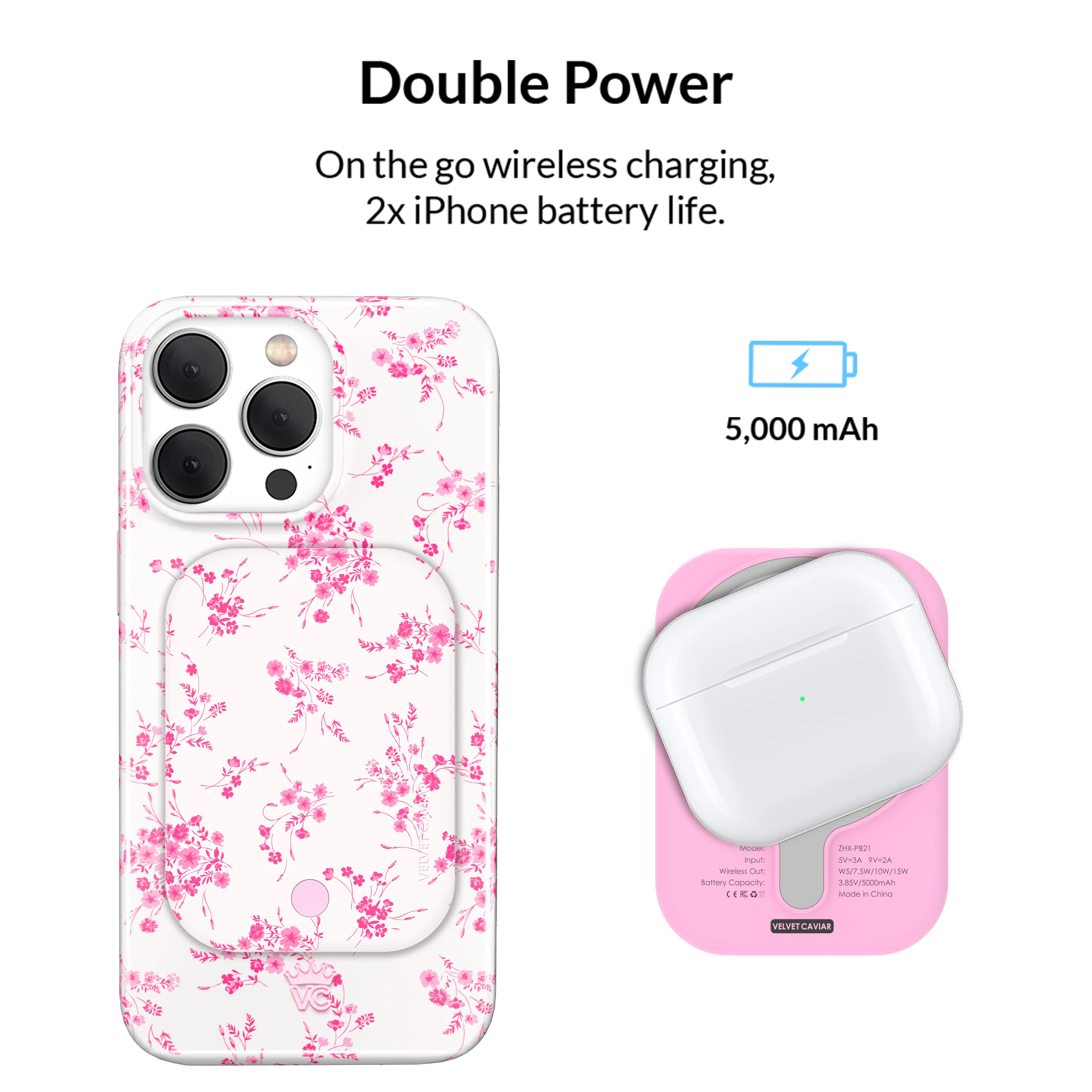 French Rose Floral MagSafe Battery Power Pack - Image 2