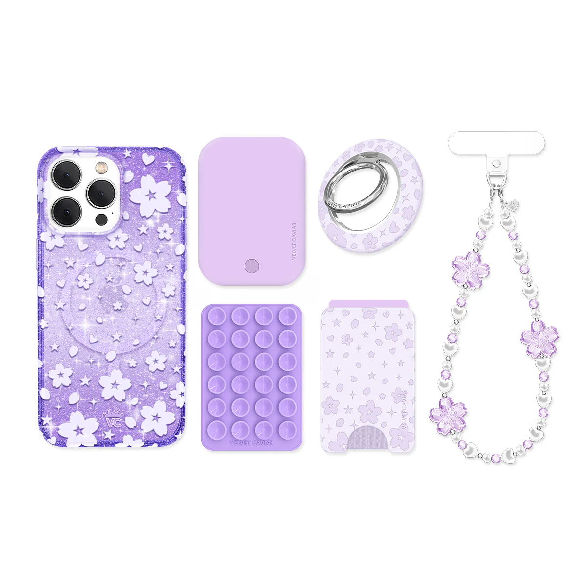 Lavender Cherry Blossom Glitter iPhone Bundle Set - Image 36