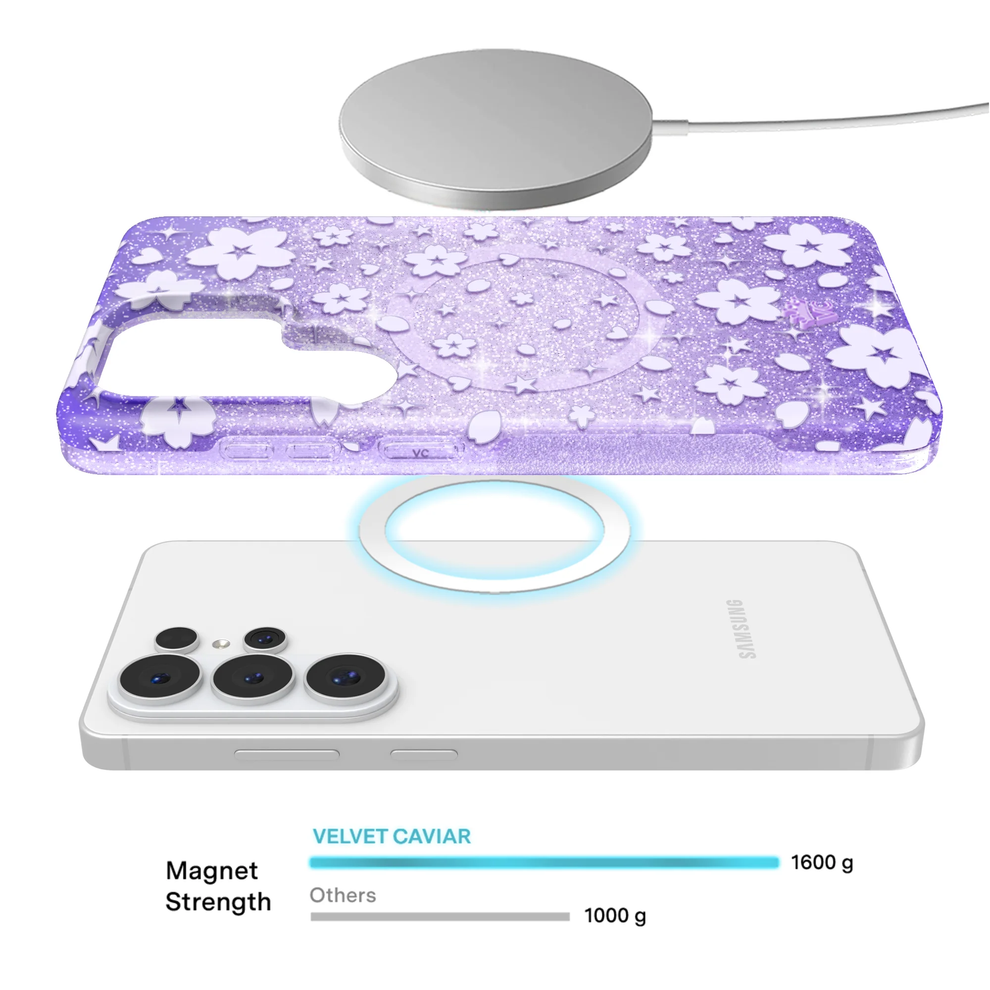 Lavender Cherry Blossom Glitter Samsung Case - Image 3