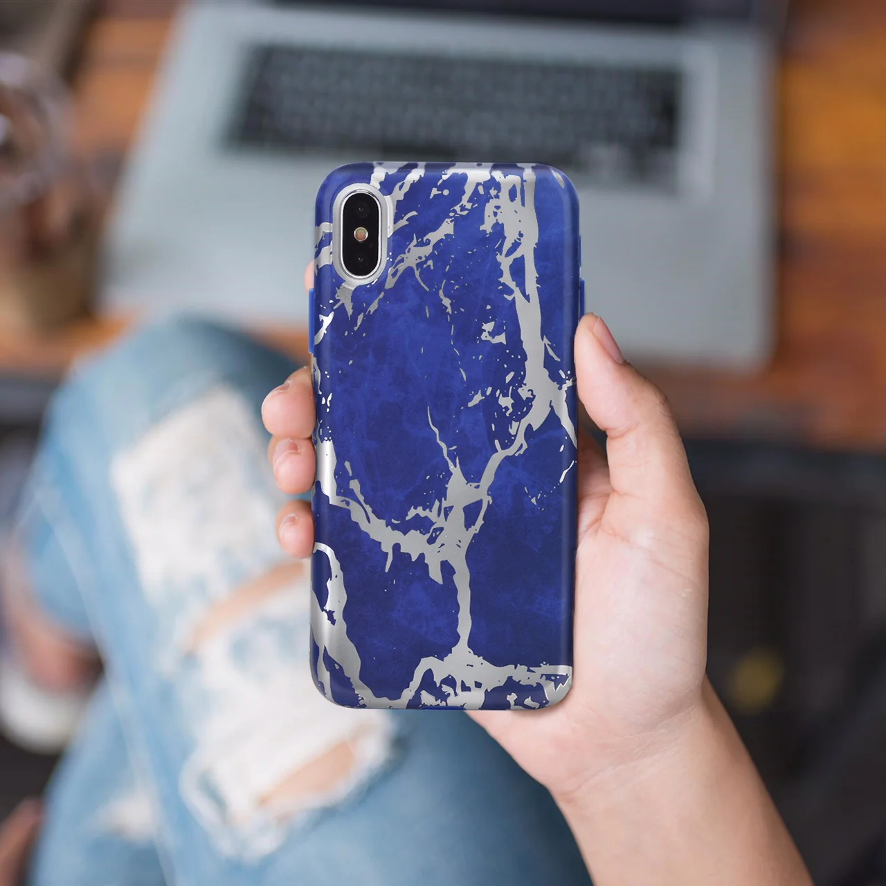 Navy Blue Marble Silver Chrome iPhone Case - Image 14