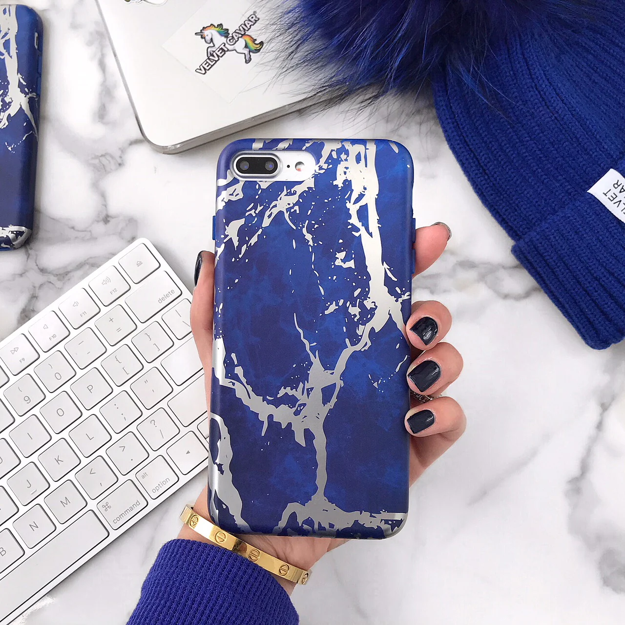 Navy Blue Marble Silver Chrome iPhone Case - Image 20