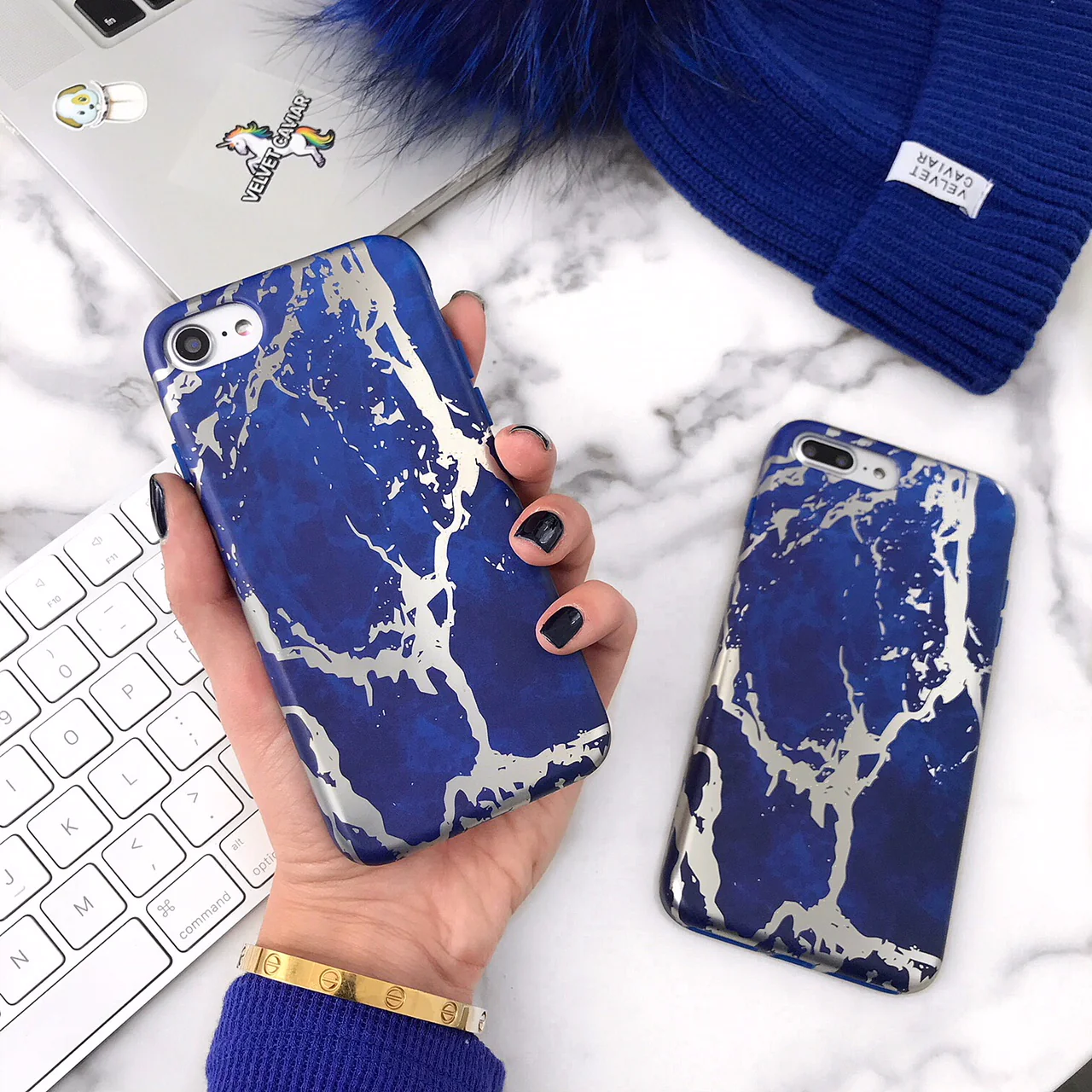 Navy Blue Marble Silver Chrome iPhone Case - Image 30