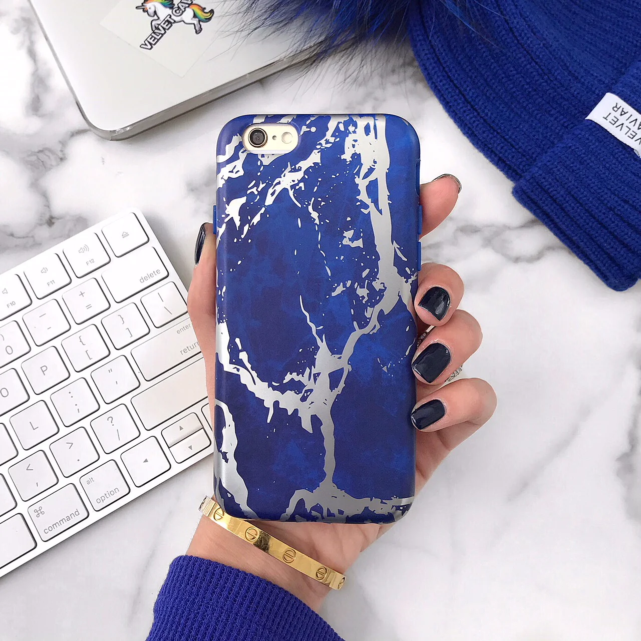 Navy Blue Marble Silver Chrome iPhone Case - Image 32