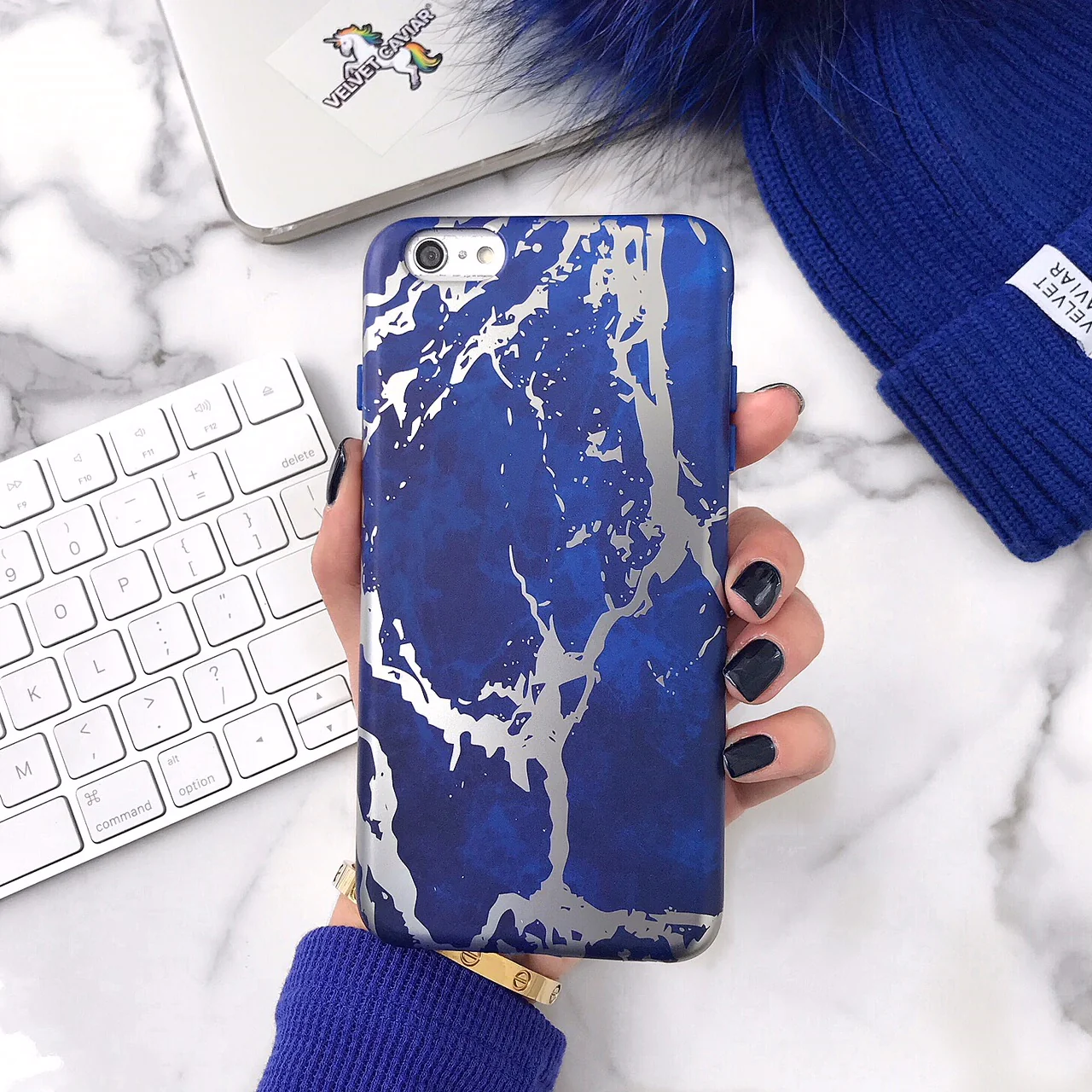 Navy Blue Marble Silver Chrome iPhone Case - Image 38