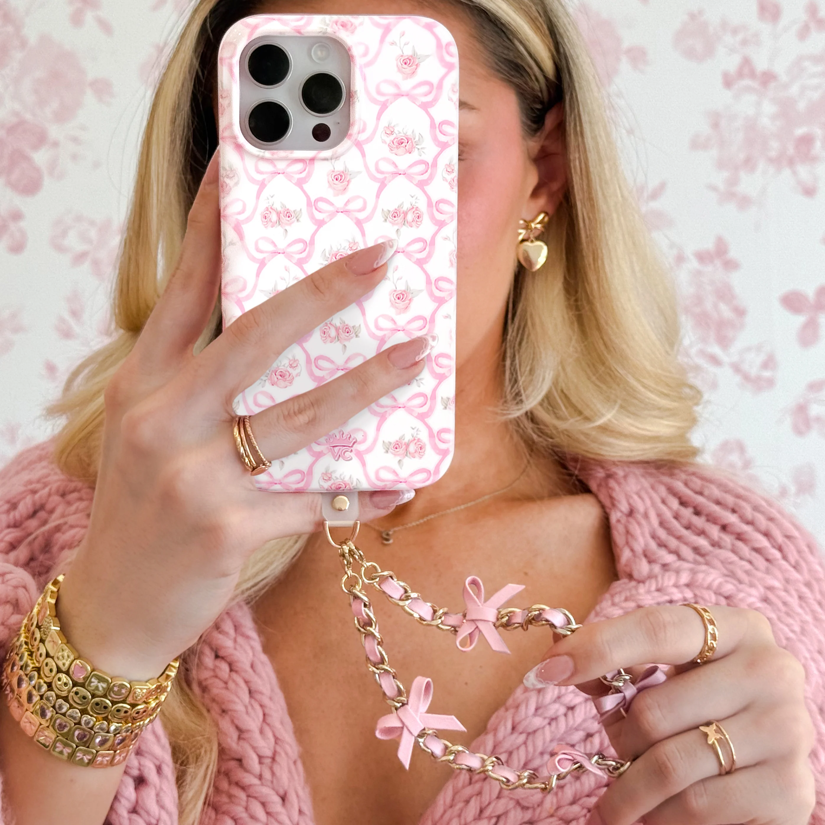 Pink Bow Leather Chain Phone Charm - Image 2