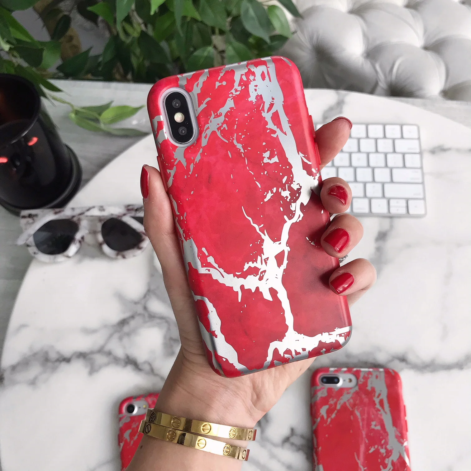 Red Marble Silver Chrome iPhone Case - Image 30