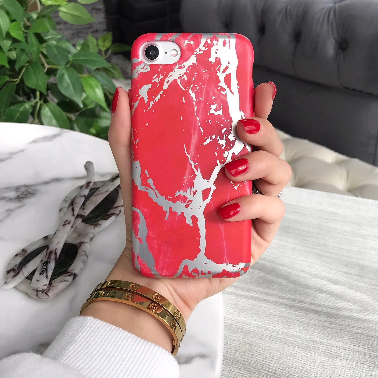 Red Marble Silver Chrome iPhone Case - Image 9