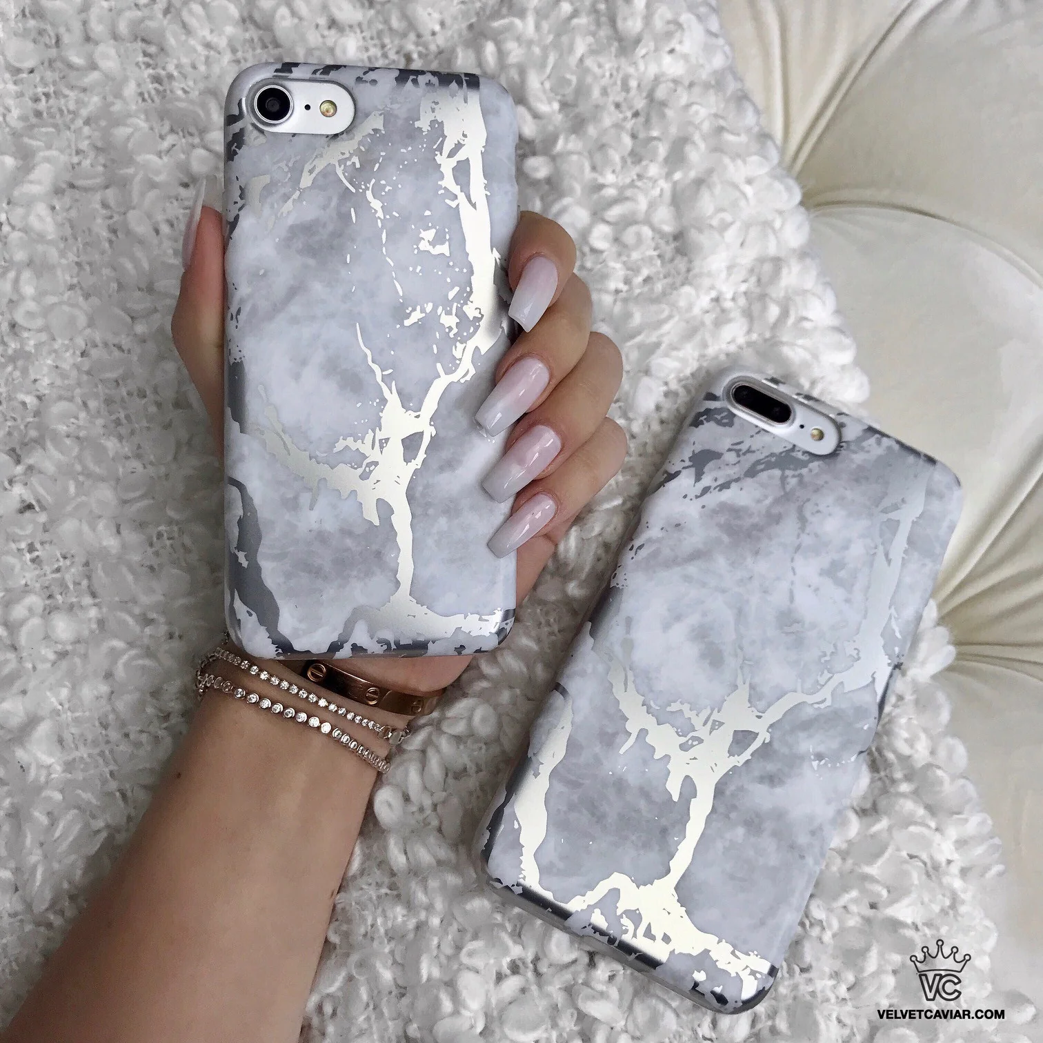 White Marble Silver Chrome iPhone Case - Image 2